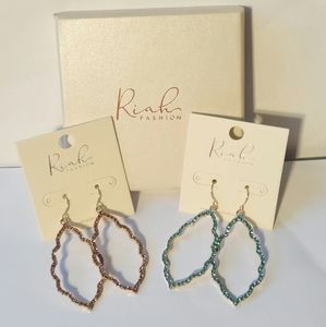 2 Pair Geometric hoop, dangle, plated gold.  Aqua/Gold and Pink/Gold earrings.